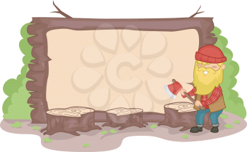 Banner Illustration of a Lumberjack Surrounded by Wood Stumps