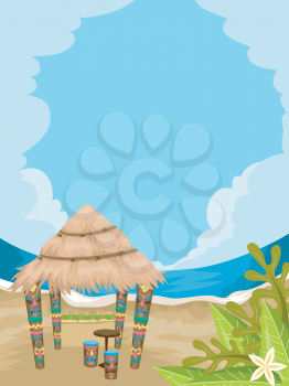 Illustration of a Tiki House in Front of a Stunning Beach