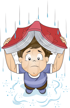 Illustration of a Little Boy Using His Book to Cover Himself from the Rain