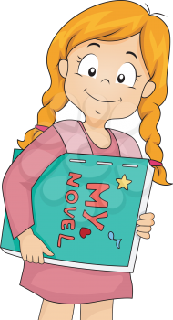Illustration of a Little Girl Carrying a Handmade Book Containing Her Novel