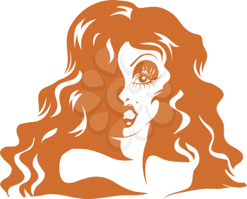 Stencil Illustration of a Drag Queen with Long Hair  Done in Orange Ink
