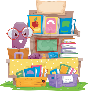 Illustration of an Earthworm Selling Books at a Yard Sale