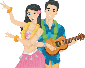 Illustration of a Hawaiian Woman Dancing While Her Man Plays the Ukulele