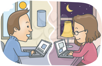 Illustration of a Couple in a Long Distance Relationship Chatting Over the Internet