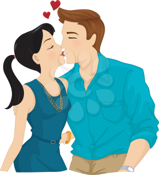 Romantic Illustration of a Young Couple Kissing on the Lips