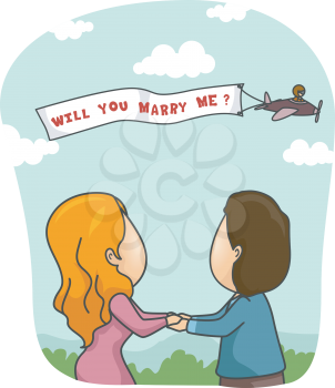 Romantic Illustration of a Man Proposing to His Girlfriend Through Skywriting