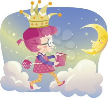 Illustration of a Little Girl Holding a Storybook Walking on Clouds