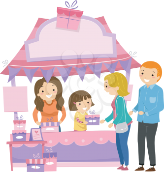 Illustration of a Little Girl in a Booth Handing Out Gifts to Moms