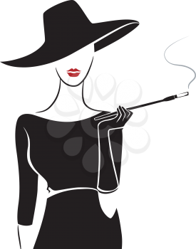 Stencil Illustration of a Girl Wearing Vintage Clothing Smoking a Cigar