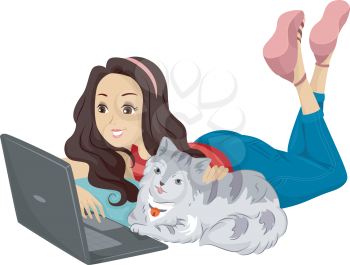 Illustration of a Girl Surfing the Internet While Lying on the Floor with Her Cat