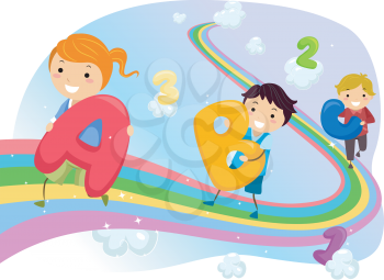 Stickman Illustration of Kids Walking on a Rainbow