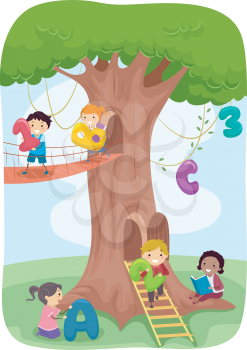 Stickman Illustration of Kids Playing with a Tree