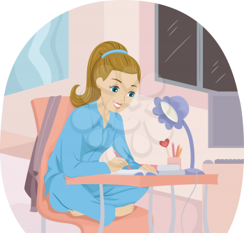 Illustration of a Girl Writing Notes While Studying