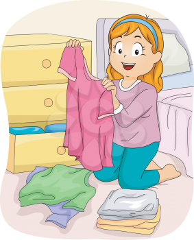 Illustration of a Little Girl Folding Freshly Washed Clothes