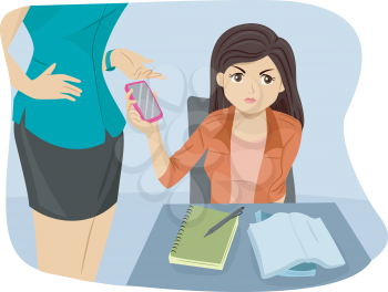 Illustration of a Female Teacher Confiscating the Phone of a Teenage Student