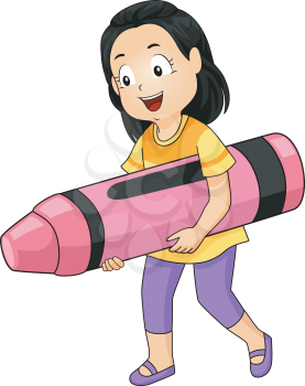 Illustration of a Little Girl Carrying a Giant Pink Crayon