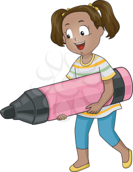 Illustration of a Little Girl Carrying a Giant Marker