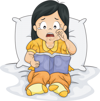 Illustration of a Sad Little Asian Girl Crying Over the Story She is Reading