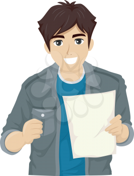 Illustration of a Teenage Guy Smiling Happily After Reading a Piece of Paper