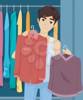 Illustration of a Teenage Guy Choosing Among the Clothes from His Wardrobe