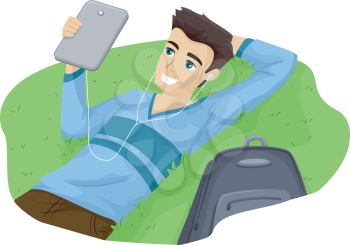 Illustration of a Teenage Guy Lying on the Grass While Looking at His Tablet