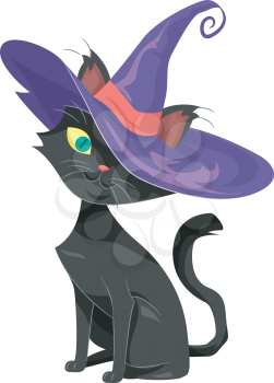 Halloween Illustration of a Black Cat Dressed as a Witch