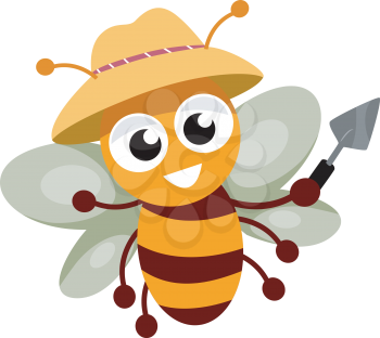 Illustration of a Happy Bee Wearing a Gardening Hat and Holding a Trowel