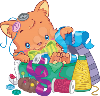 Illustration of a Cute Cat Lying on a Pile of Sewing Materials