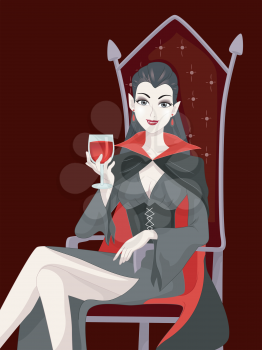 Illustration of a Female Vampire Sipping a Glass of Blood