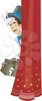Illustration of a Magician Peeking from Behind a Curtain