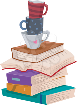 Illustration of a Pile of Books with Cups of Coffee on Top
