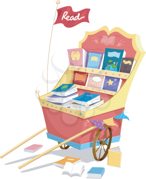 Illustration of a Fancy Cart Filled with a Wide Assortment of Books