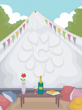 Illustration of a Fancy Tent with a Bottle of Wine Sitting on a Table in Front