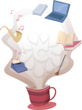 Illustration of Common Hobbies Hovering Over a Cup of Hot Coffee