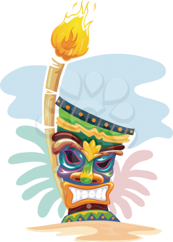 Illustration of a Tropical Island Decorated with a Tiki Torch and a Tiki Mask