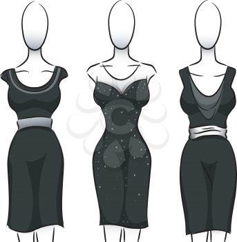 Black and White Illustration of Mannequins Wearing Black Dresses