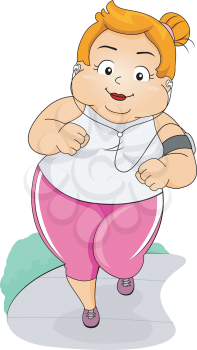 Illustration of a Plump Woman Jogging While Listening to Music