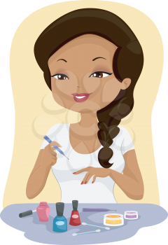Illustration of a Girl Painting Her Finger Nails