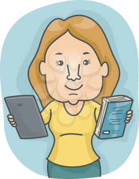 Illustration of a Woman Offering a Tablet and a Book as Options