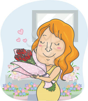 Illustration of a Girl Embracing a Bouquet of Flowers