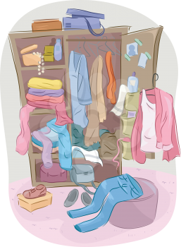 Illustration of a Closet Overflowing with Clutter