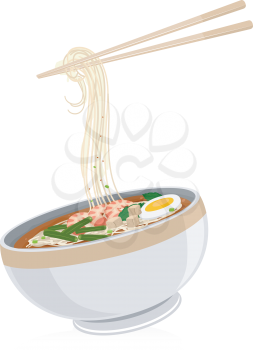 Illustration of a Bowl of Laksa Noodles with a Pair of Chopsticks Hanging Above It