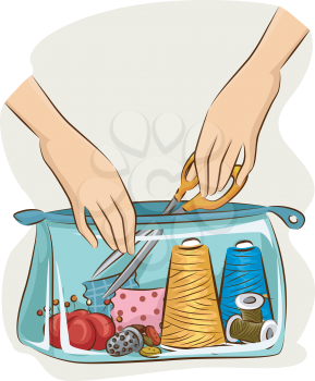 Illustration of a Transparent Bag Filled with Sewing Materials