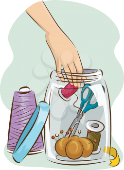Illustration of a Large Mason Jar Being Used to Store Sewing Materials
