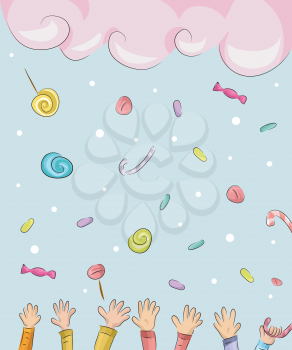 Whimsical Illustration of Children Catching Candies Falling from the Sky