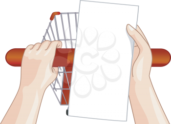 Illustration of a Person Checking His Shopping List While Pushing Their Cart