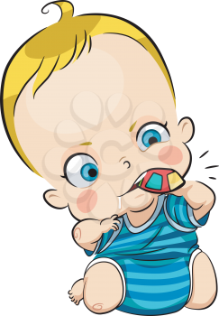 Illustration of a Cute Baby Drooling While Nibbling on a Chew Toy