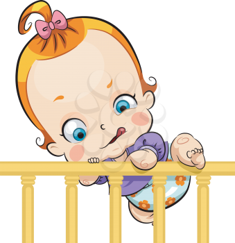 Illustration of a Cute Baby Trying to Escape a Crib