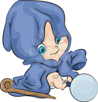 Illustration of a Baby Wizard Checking a Crystal Ball