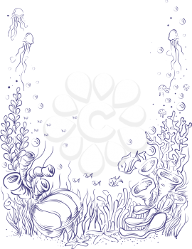 Sketchy Illustration of an Underwater Scene Colored Purple